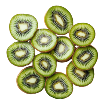 appena affettato Kiwi disposte nel un' vivace Schermo in mostra loro unico struttura e colore a un' cucina controsoffitto, trasparente sfondo png
