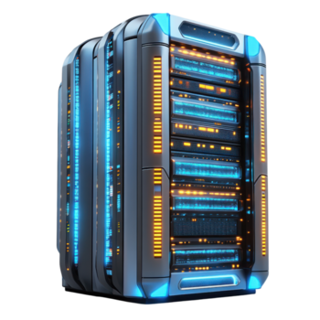 avancerad server kuggstång i en modern data Centrum upplyst förbi blå och orange lampor visa upp Avancerad teknologi, transparent bakgrund png