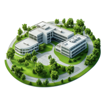 modern pedagogisk campus med flera olika byggnader omgiven förbi grönska och vägar i en lugn miljö, transparent bakgrund png