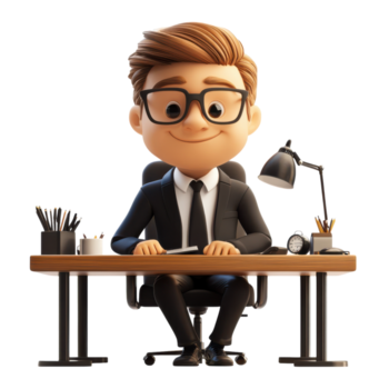 professionale personaggio seduto a un' moderno scrivania nel un ufficio ambientazione Lavorando diligentemente su un' progetto, trasparente sfondo png