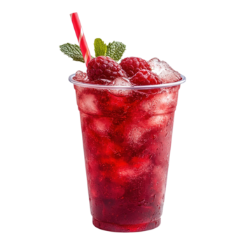 Refreshing raspberry drink with ice and mint garnish on transparent background png