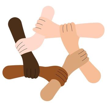 Diverse Hands of people of different nationalities Holding Each Other in Circle. Symbolizing unity, teamwork, friendship, and global community support. vector