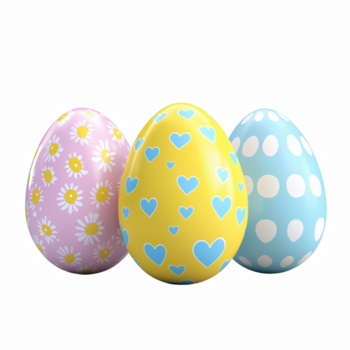 Three colorful Easter eggs with heart, polka dot, and daisy patterns isolated on transparent background png