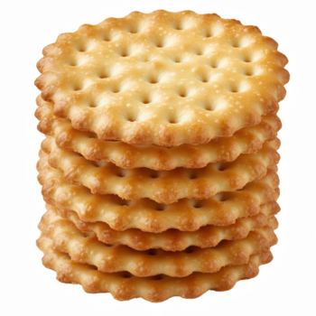 en stack av gyllenbrun runda crackers med en Krispig, fjällig textur och små perforeringar, isolerat på transparent bakgrund png