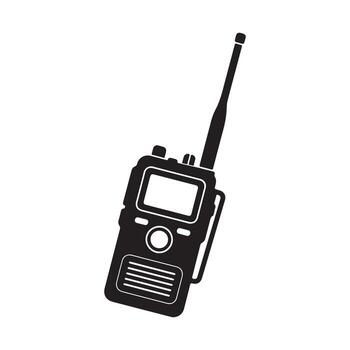 A black and white illustration of a two-way radio, showcasing its compact design and communication capabilities vector