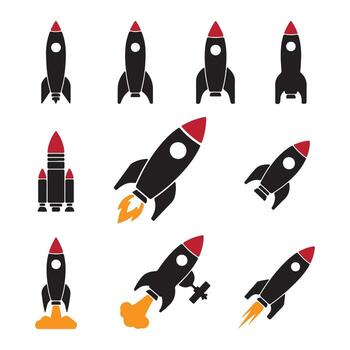 Collection of diverse rocket illustrations in a flat design style, symbolizing space exploration and technological advancement vector