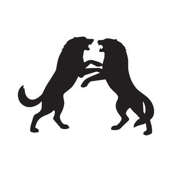 Bold graphic silhouette of two powerful wolves locked in a fierce, dynamic confrontation, symbolizing raw strength, primal instinct, and the untamed spirit of the wild vector