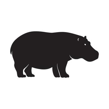 Striking black silhouette of a robust hippopotamus in a clean, minimalist graphic design, ideal for various digital and print applications as a powerful animal icon or symbol vector