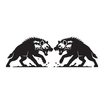 Aggressive stylized hyenas in a fierce confrontation, presented as a dynamic black and white graphic design element, symbolizing strength, rivalry, and wild untamed power vector
