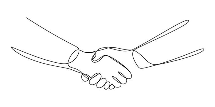 Minimalist continuous line drawing of a handshake symbolizing agreement and partnership vector