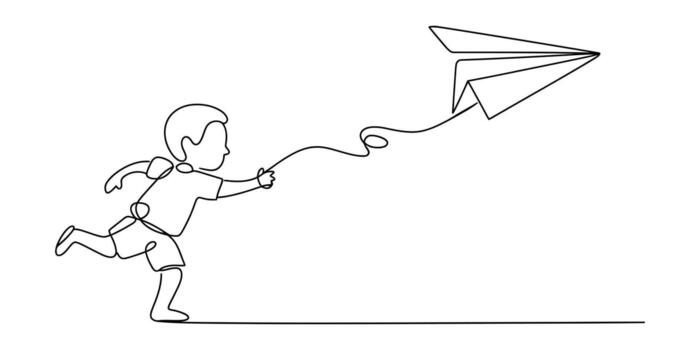 continuo línea dibujo de un contento niño corriendo con un papel avión en el cielo vector