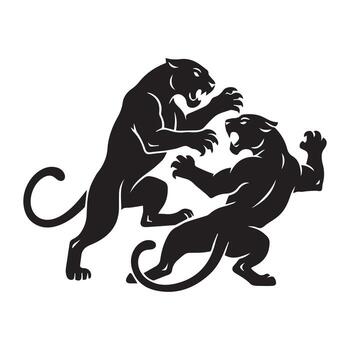 Dynamic graphic illustration of two powerful panthers locked in an intense, aggressive confrontation, symbolizing strength, wild nature, and fierce competition in a stylized emblem vector