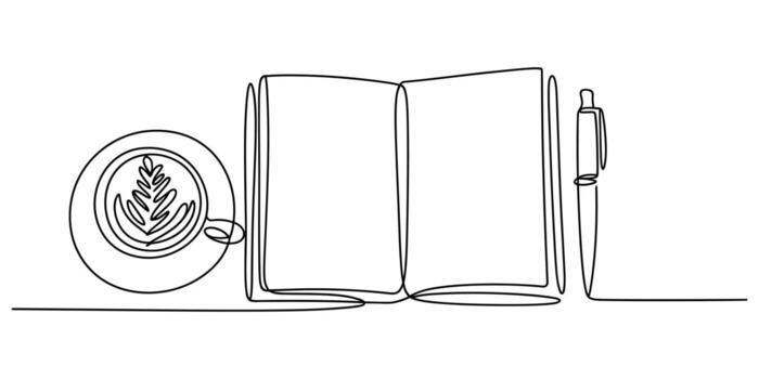 Minimalist continuous line drawing of a coffee cup next to an open book and pen vector