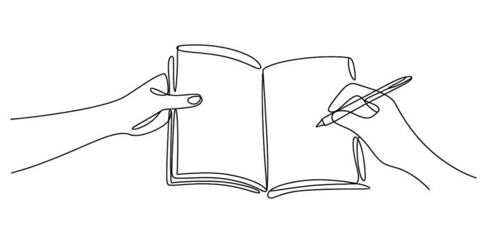 Elegant continuous line drawing of hands holding and writing in an open book vector
