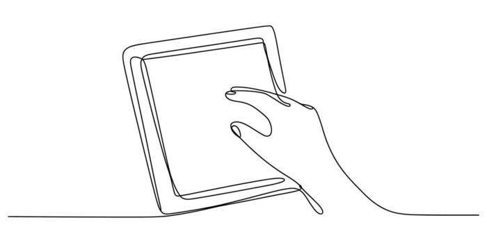 Hand holding a digital tablet drawn with a single continuous line vector