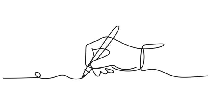 Minimalist continuous line drawing of a hand holding a pen drawing a single flowing line vector