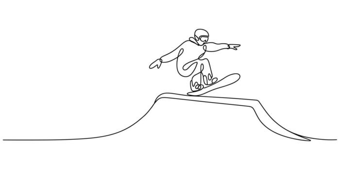 Dynamic continuous line drawing of a snowboarder performing a jump vector