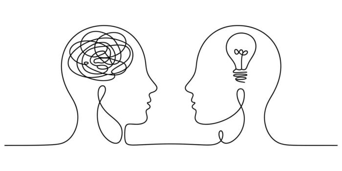 Continuous line drawing of two heads one with a tangled brain other with light bulb vector