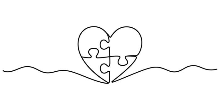 A single continuous line drawing of a heart shaped puzzle interconnected symbolizing unity vector