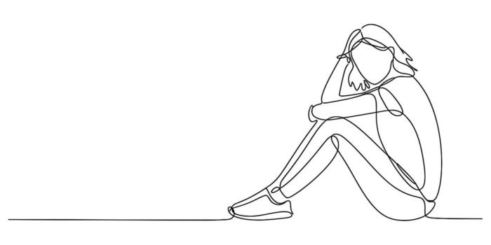 Single continuous line drawing of a person sitting with knees pulled up vector