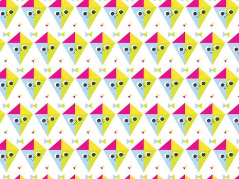 repeating pattern of colorful, cartoon-style playful kites with eyes vector