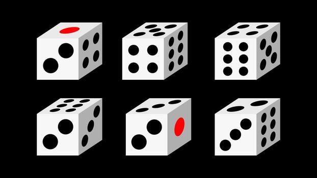 Modern Dice Illustration Collection for Game Design, Casino Concept, and Board Game Graphic Elements, White 3D Perspective Dice with Red and Black Dots on Black Background for App Interface vector