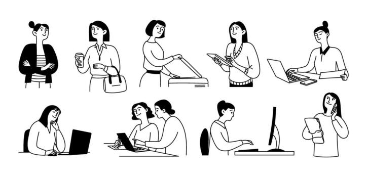 Doodle set of businesswomen using devices, working on a laptop, computer, and monitor, discussing a project. set of isolated illustrations. vector