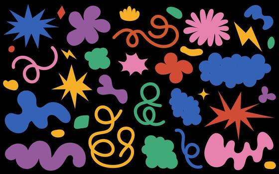Abstract clouds and flowers shapes sticker set. Abstract set colorful retro groovy shapes on a black background. vector