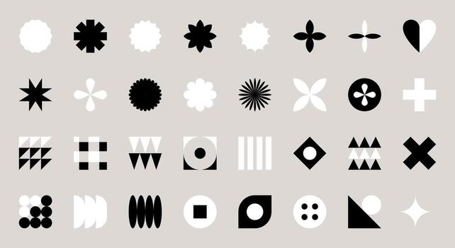 Set of creative abstract geometric shapes. Design elements in style of brutalism, Swiss minimalism, Bauhaus. Simple black and white decorative objects for web. Isolated shapes vector