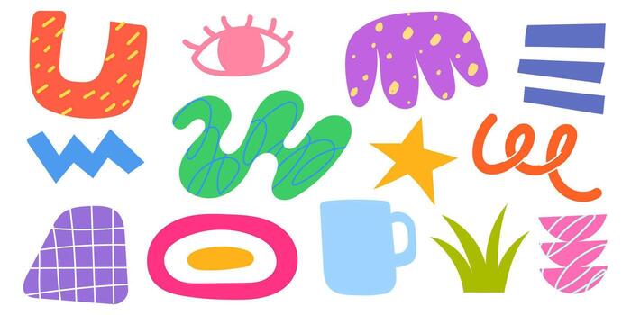 Set of abstract groovy organic shapes . A playful mix of retro flowers, clouds, sparkles, and wavy forms in vibrant funky style. Perfect for prints, stickers, and creative design vector