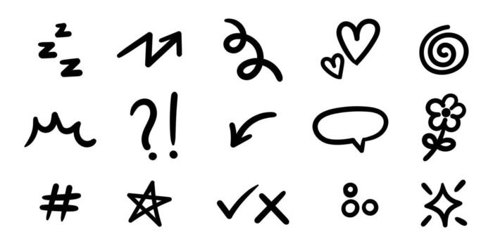 Set of cute doodle sketches drawn with simple ink lines. Hand-drawn elements isolated on a clean white background vector