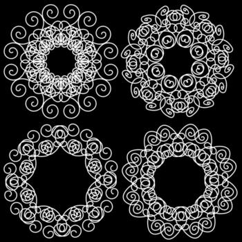 Set of four hand drawn white circular abstract patterns on a black background in doodle style vector
