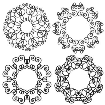 Set of four hand drawn black circular abstract patterns on a white background in doodle style vector