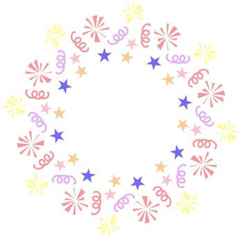 A festive frame featuring a pattern of multi-colored stars and confetti arranged in a circle on a white background vector