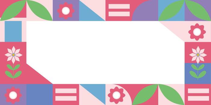 Abstract geometric frame in a naive style with flowers and leaves. Swiss-style border. vector