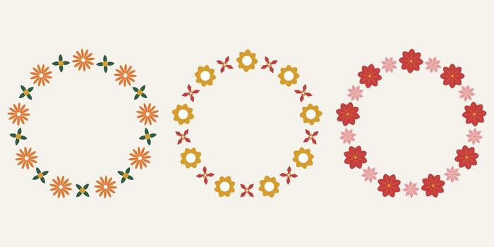 A set of floral frames in a groovy style. Simple botanical illustration. Laurel wreath with flowers. vector