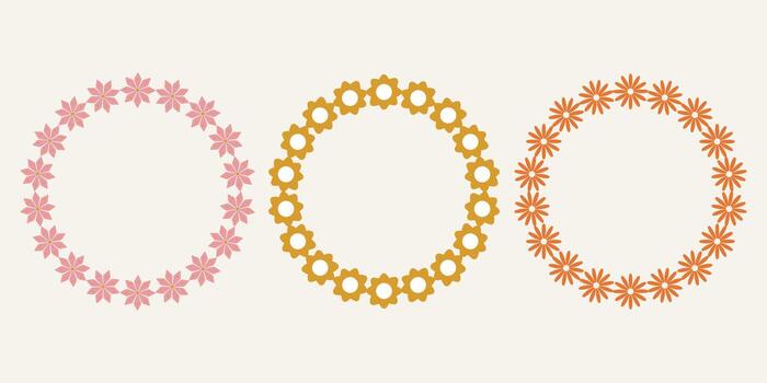 A set of floral frames in a groovy style. Simple botanical illustration. Laurel wreath with plants. vector