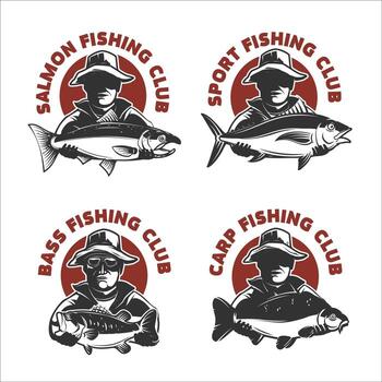 A set of four monochrome emblems, each featuring a silhouette of a male fisherman in a hat holding a large, distinct type of fish salmon, bass, carp, and sport fish within a circular badge design. vector