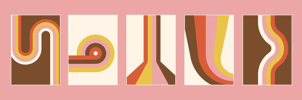 Hippie posters in warm color. Set of Groovy background. Dynamic retro waves vector