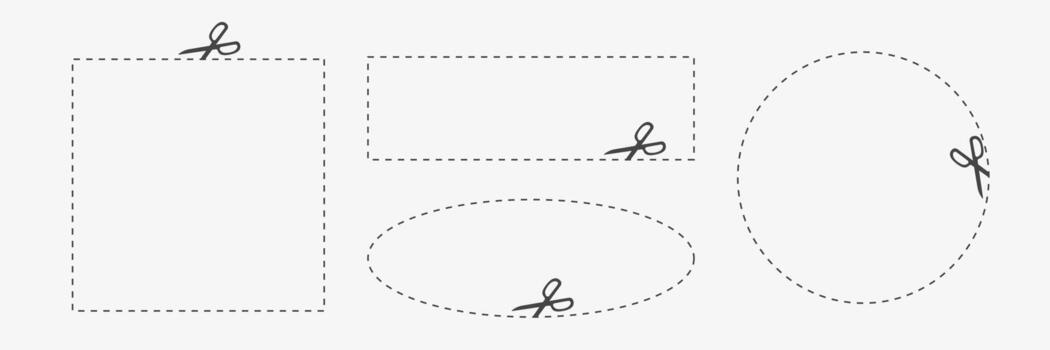 Coupon cut lines with scissors in oval, rectangular, and circular forms. illustration vector
