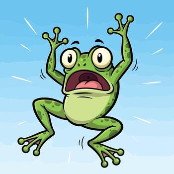 Scared cartoon frog character jumping with arms raised expressing intense fear and shock vector