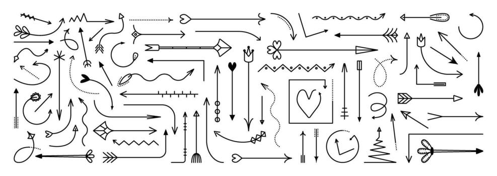 Decorative black line arrows doodle set, monochrome navigation symbols. Linear signs in different shapes and directions, flat contour infographic elements vector
