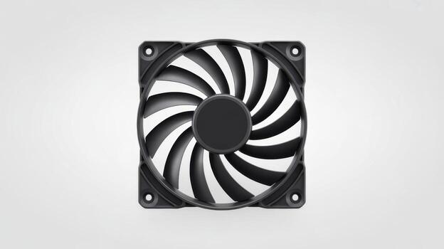 a black computer fan on a white surface, photo