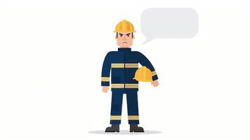 animerad brandman karaktär med ett arg uttryck, innehav en hjälm och tala med en tom Tal bubbla för beställnings- text video
