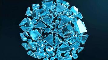 Abstract close-up of fractured blue ice shards forming a spherical shape against a dark background, a dynamic visual representation of fragmentation and change video