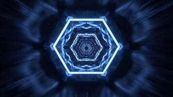 fascinante oscuro hexagonal túnel iluminado por vibrante azul neón luces. infinito futurista digital corredor con resumen geométrico patrones, dinámica brillante reflexiones, un alta tecnología visual video