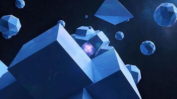 dynamisk abstrakt blå geometrisk former flyta i en mörk, virtuell Plats, sammankopplade och upplyst förbi subtil lyser, skapande en trogen och invecklad digital landskap video