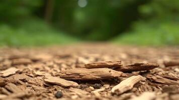 närbild av grov trä pommes frites på en skog väg, med suddig grön lövverk i de bakgrund skapande en naturlig, lugn scen video