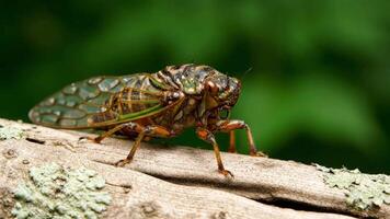 Close-up macro photograph of a cicada insect perched on a weathered tree branch, its iridescent wings catching the light against a blurred green background video