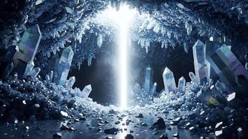 eterisk ljus balkar genom en mystisk kristall grotta, belysande oräkneliga gnistrande formationer och en väg av krossade Ädelsten, skapande en hisnande fantasi landskap video